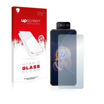 Parte frontal de un envase de producto con el logotipo de la marca upscreen. Al lado se muestra el dispositivo ASUS ZenFone 8 