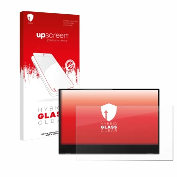 Parte frontal de un envase de producto con el logotipo de la marca upscreen. Al lado se muestra el dispositivo Lenovo ThinkVis