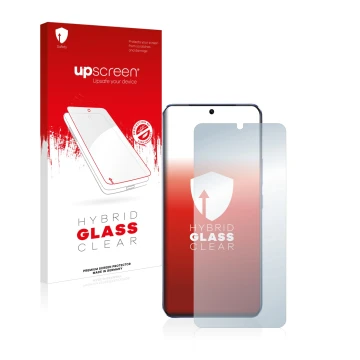 Parte frontal de un envase de producto con el logotipo de la marca upscreen. Al lado se muestra el dispositivo Vivo V21 5G con