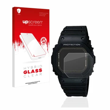 Parte frontal de un envase de producto con el logotipo de la marca upscreen. Al lado se muestra el dispositivo Casio G-Shock G