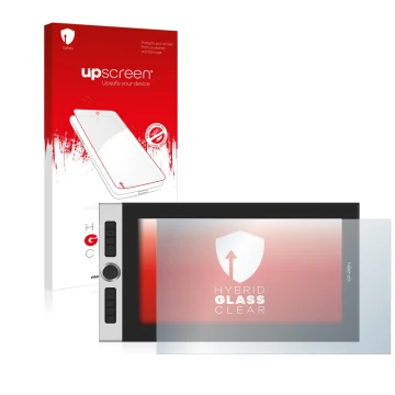 Parte frontal de un envase de producto con el logotipo de la marca upscreen. Al lado se muestra el dispositivo XP-Pen Innovato