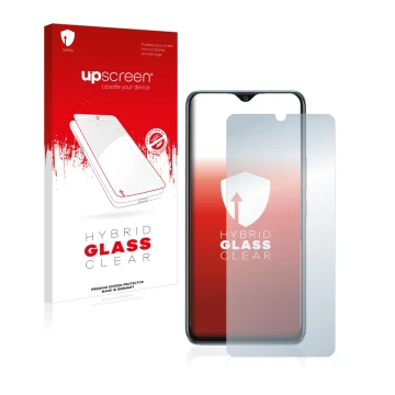 Parte frontal de un envase de producto con el logotipo de la marca upscreen. Al lado se muestra el dispositivo Vivo Y70 con su