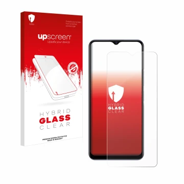 Parte frontal de un envase de producto con el logotipo de la marca upscreen. Al lado se muestra el dispositivo Vivo Y72 5G con