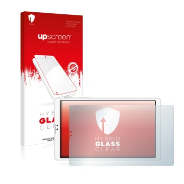 Parte frontal de un envase de producto con el logotipo de la marca upscreen. Al lado se muestra el dispositivo Samsung Galaxy 