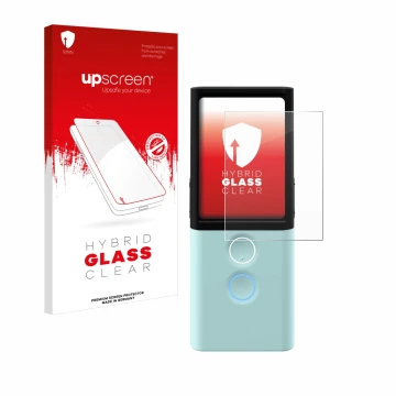 Parte frontal de un envase de producto con el logotipo de la marca upscreen. Al lado se muestra el dispositivo Vasco Translato