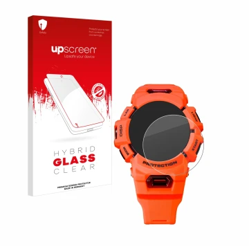 Parte frontal de un envase de producto con el logotipo de la marca upscreen. Al lado se muestra el dispositivo Casio G-Shock G