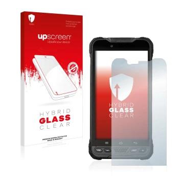 Parte frontal de un envase de producto con el logotipo de la marca upscreen. Al lado se muestra el dispositivo UniStrong UT10 