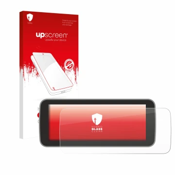 Parte frontal de un envase de producto con el logotipo de la marca upscreen. Al lado se muestra el dispositivo Fiat 500 E Ucon