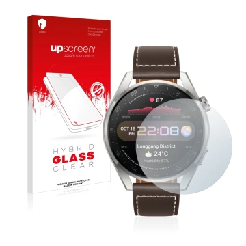 Parte frontal de un envase de producto con el logotipo de la marca upscreen. Al lado se muestra el dispositivo Huawei Watch 3 