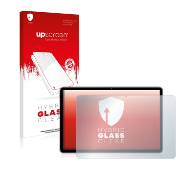 Parte frontal de un envase de producto con el logotipo de la marca upscreen. Al lado se muestra el dispositivo Huawei MatePad 