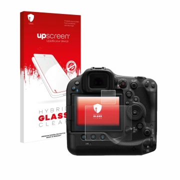 Parte frontal de un envase de producto con el logotipo de la marca upscreen. Al lado se muestra el dispositivo Canon EOS R3 co