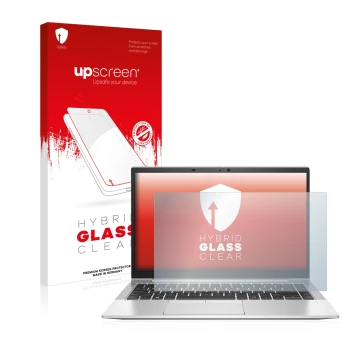 Parte frontal de un envase de producto con el logotipo de la marca upscreen. Al lado se muestra el dispositivo HP EliteBook 84