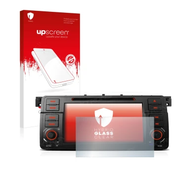 Parte frontal de un envase de producto con el logotipo de la marca upscreen. Al lado se muestra el dispositivo Xtrons PQ7046B 