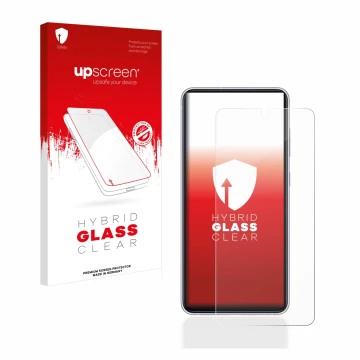 Parte frontal de un envase de producto con el logotipo de la marca upscreen. Al lado se muestra el dispositivo Samsung Galaxy 