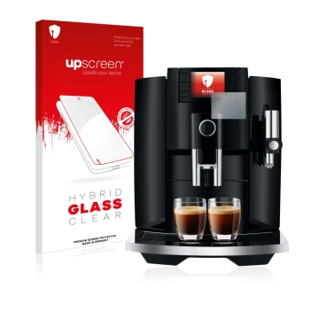 Parte frontal de un envase de producto con el logotipo de la marca upscreen. Al lado se muestra el dispositivo Jura E8 (EB) co