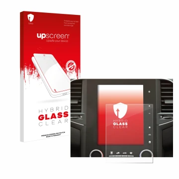Parte frontal de un envase de producto con el logotipo de la marca upscreen. Al lado se muestra el dispositivo Renault Megane 