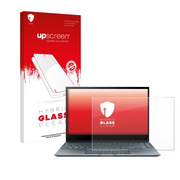 Parte frontal de un envase de producto con el logotipo de la marca upscreen. Al lado se muestra el dispositivo ASUS ZenBook Fl