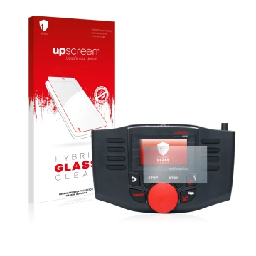 Parte frontal de un envase de producto con el logotipo de la marca upscreen. Al lado se muestra el dispositivo Märklin Mobile 