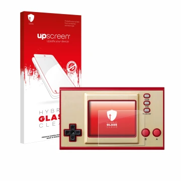 Parte frontal de un envase de producto con el logotipo de la marca upscreen. Al lado se muestra el dispositivo Nintendo Game &