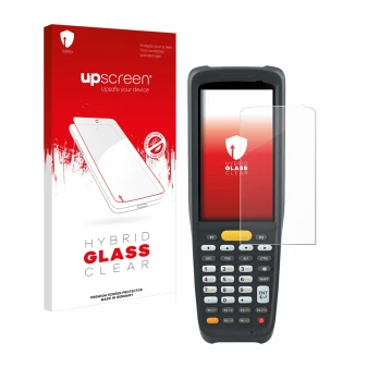 Parte frontal de un envase de producto con el logotipo de la marca upscreen. Al lado se muestra el dispositivo Zebra MC2200 co