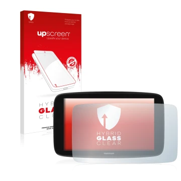 Parte frontal de un envase de producto con el logotipo de la marca upscreen. Al lado se muestra el dispositivo TomTom Go Exper