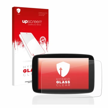 Parte frontal de un envase de producto con el logotipo de la marca upscreen. Al lado se muestra el dispositivo TomTom Go Exper