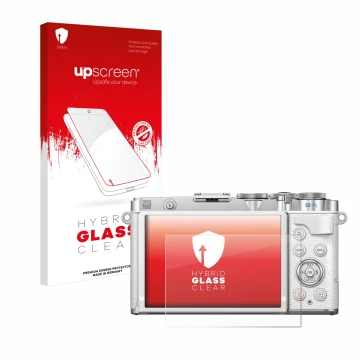 Parte frontal de un envase de producto con el logotipo de la marca upscreen. Al lado se muestra el dispositivo Olympus PEN E-P