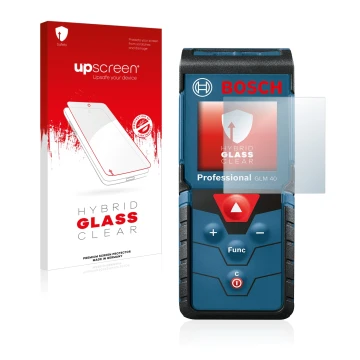 Parte frontal de un envase de producto con el logotipo de la marca upscreen. Al lado se muestra el dispositivo Bosch GLM 40 Pr