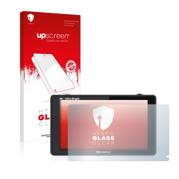 Parte frontal de un envase de producto con el logotipo de la marca upscreen. Al lado se muestra el dispositivo Feelworld LUT6 