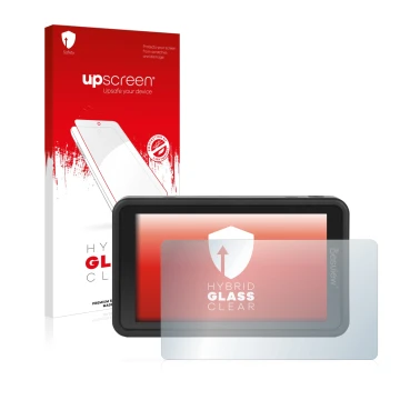 Parte frontal de un envase de producto con el logotipo de la marca upscreen. Al lado se muestra el dispositivo Desview R5 5.5