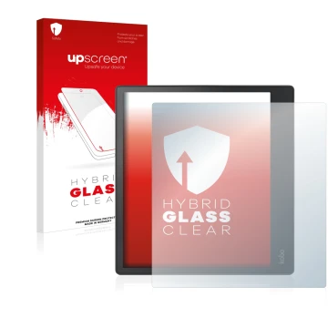 Parte frontal de un envase de producto con el logotipo de la marca upscreen. Al lado se muestra el dispositivo Kobo Elipsa con