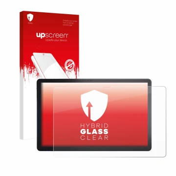 Parte frontal de un envase de producto con el logotipo de la marca upscreen. Al lado se muestra el dispositivo Lenovo Tab P11 