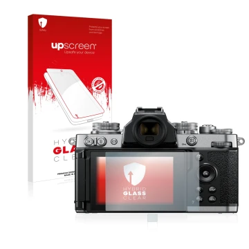 Parte frontal de un envase de producto con el logotipo de la marca upscreen. Al lado se muestra el dispositivo Nikon Z fc con 