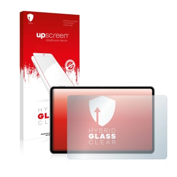 Parte frontal de un envase de producto con el logotipo de la marca upscreen. Al lado se muestra el dispositivo Huawei MatePad 