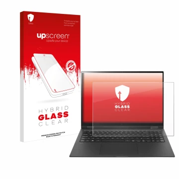 Parte frontal de un envase de producto con el logotipo de la marca upscreen. Al lado se muestra el dispositivo LG gram 16'' 2-