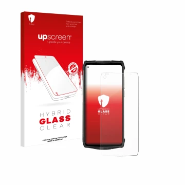 Parte frontal de un envase de producto con el logotipo de la marca upscreen. Al lado se muestra el dispositivo Ulefone Power A