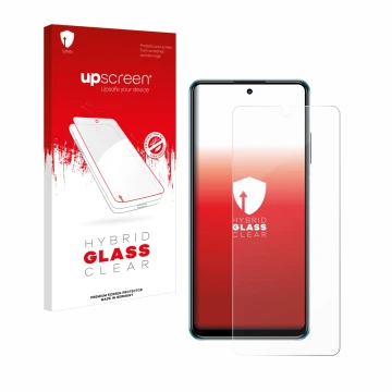 Parte frontal de un envase de producto con el logotipo de la marca upscreen. Al lado se muestra el dispositivo ZTE Blade V30 c