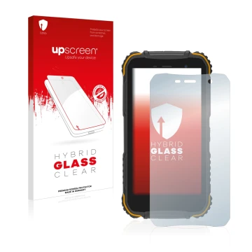 Parte frontal de un envase de producto con el logotipo de la marca upscreen. Al lado se muestra el dispositivo Doogee S35 con 