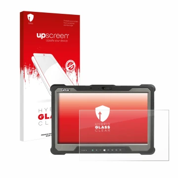 Parte frontal de un envase de producto con el logotipo de la marca upscreen. Al lado se muestra el dispositivo Getac A140 con 