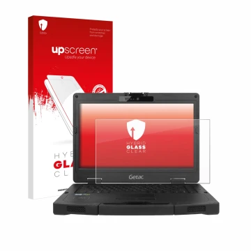 Parte frontal de un envase de producto con el logotipo de la marca upscreen. Al lado se muestra el dispositivo Getac S410 con 