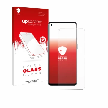 Parte frontal de un envase de producto con el logotipo de la marca upscreen. Al lado se muestra el dispositivo realme GT Maste