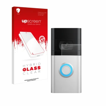 Parte frontal de un envase de producto con el logotipo de la marca upscreen. Al lado se muestra el dispositivo Ring Video Door