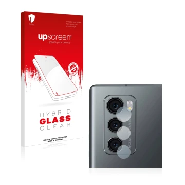 Parte frontal de un envase de producto con el logotipo de la marca upscreen. Al lado se muestra el dispositivo LG Wing (SÓLO C