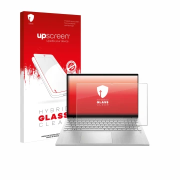 Parte frontal de un envase de producto con el logotipo de la marca upscreen. Al lado se muestra el dispositivo HP Pavilion x36