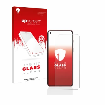 Parte frontal de un envase de producto con el logotipo de la marca upscreen. Al lado se muestra el dispositivo OnePlus Nord 2 