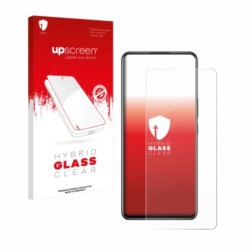 Parte frontal de un envase de producto con el logotipo de la marca upscreen. Al lado se muestra el dispositivo ZTE Axon 30 5G 