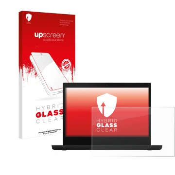 Parte frontal de un envase de producto con el logotipo de la marca upscreen. Al lado se muestra el dispositivo Lenovo ThinkPad