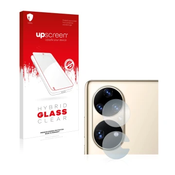 Parte frontal de un envase de producto con el logotipo de la marca upscreen. Al lado se muestra el dispositivo Huawei P50 Pro 