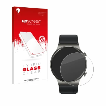 Parte frontal de un envase de producto con el logotipo de la marca upscreen. Al lado se muestra el dispositivo Huawei Watch GT