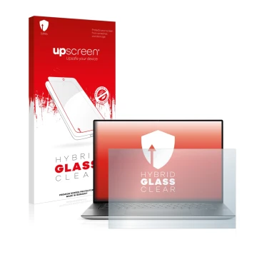 Parte frontal de un envase de producto con el logotipo de la marca upscreen. Al lado se muestra el dispositivo Dell XPS 15 951